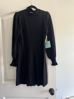 CeCe Black Long Sleeve Ruffle Neck Knit Dress
